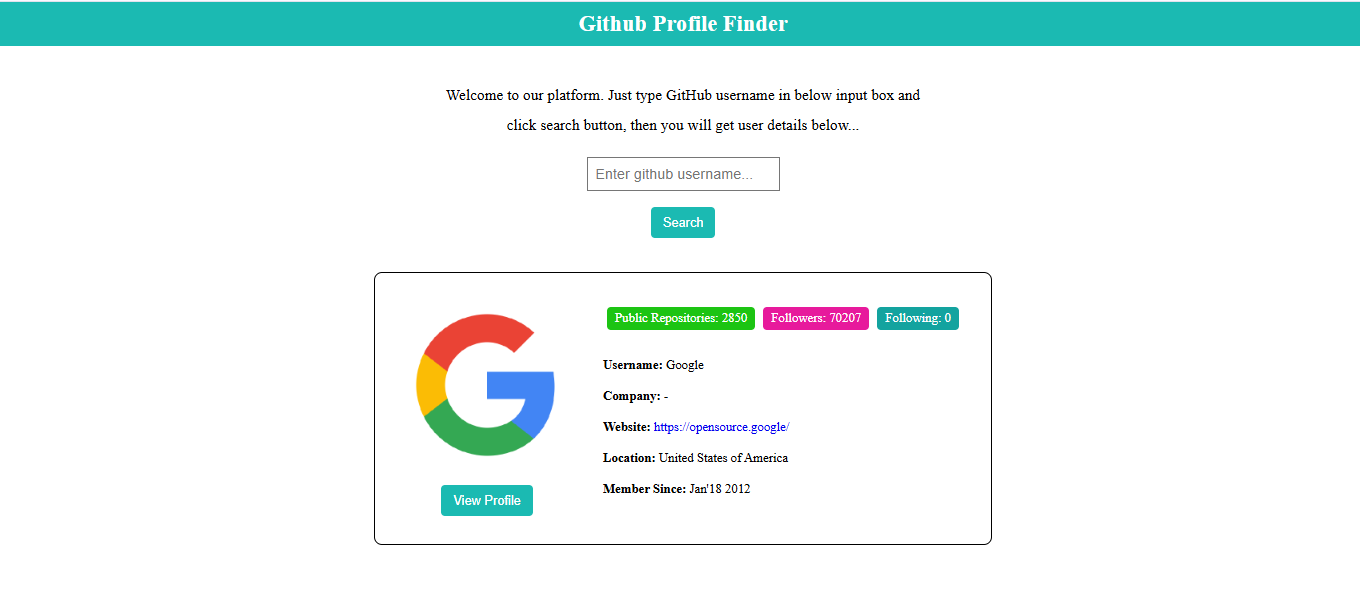 Preview of GitHub Profile Finder app